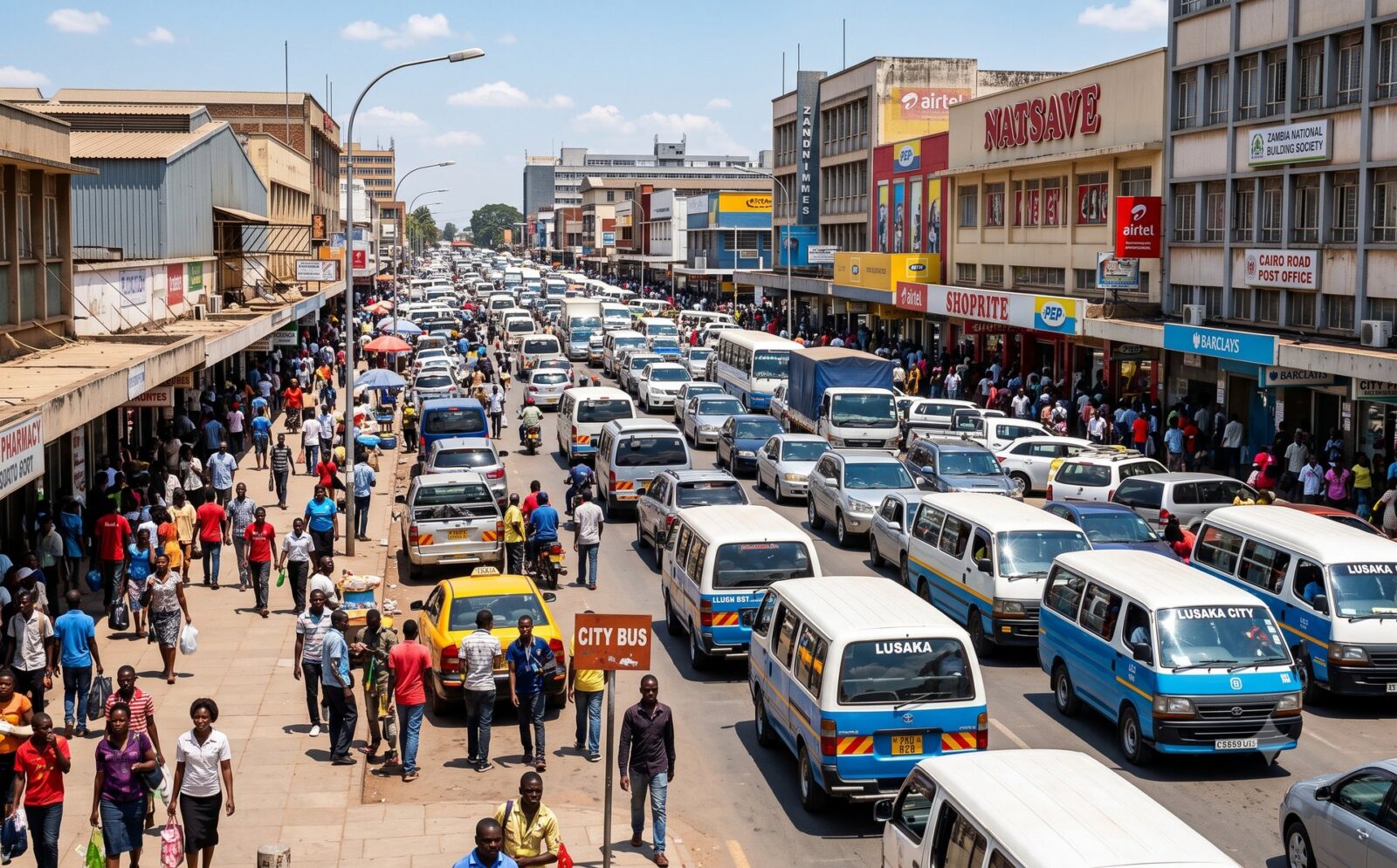 De brede drukke Cairo Road in het centrum van Lusaka met dicht verkeer, minibussen, warenhuizen en voetgangers op de stoep