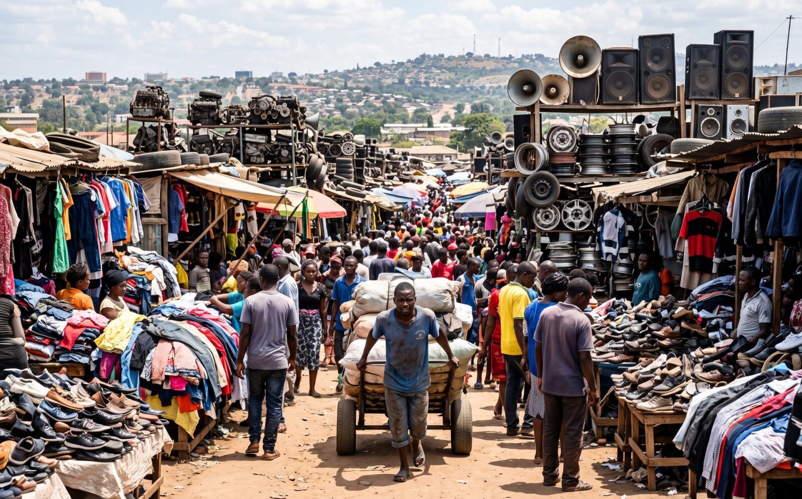 Drukke straat op de Kamwala Market in Lusaka met bergen tweedehands kleding en schoenen en kruiers met karren