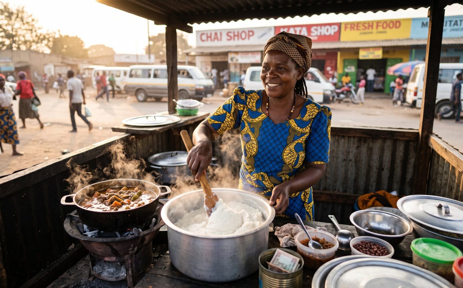 Zambiaanse straatverkoopster achter een kraampje met dampende nshima-maispap langs de weg