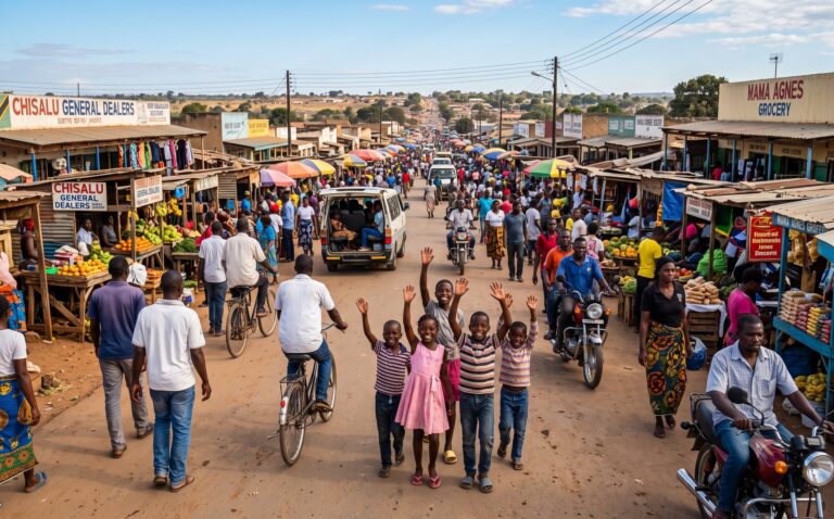 Levendige straatscène in een Zambiaans stadje met een menigte mensen, marktkraampjes langs de weg en zwaaiende kinderen in middaglicht