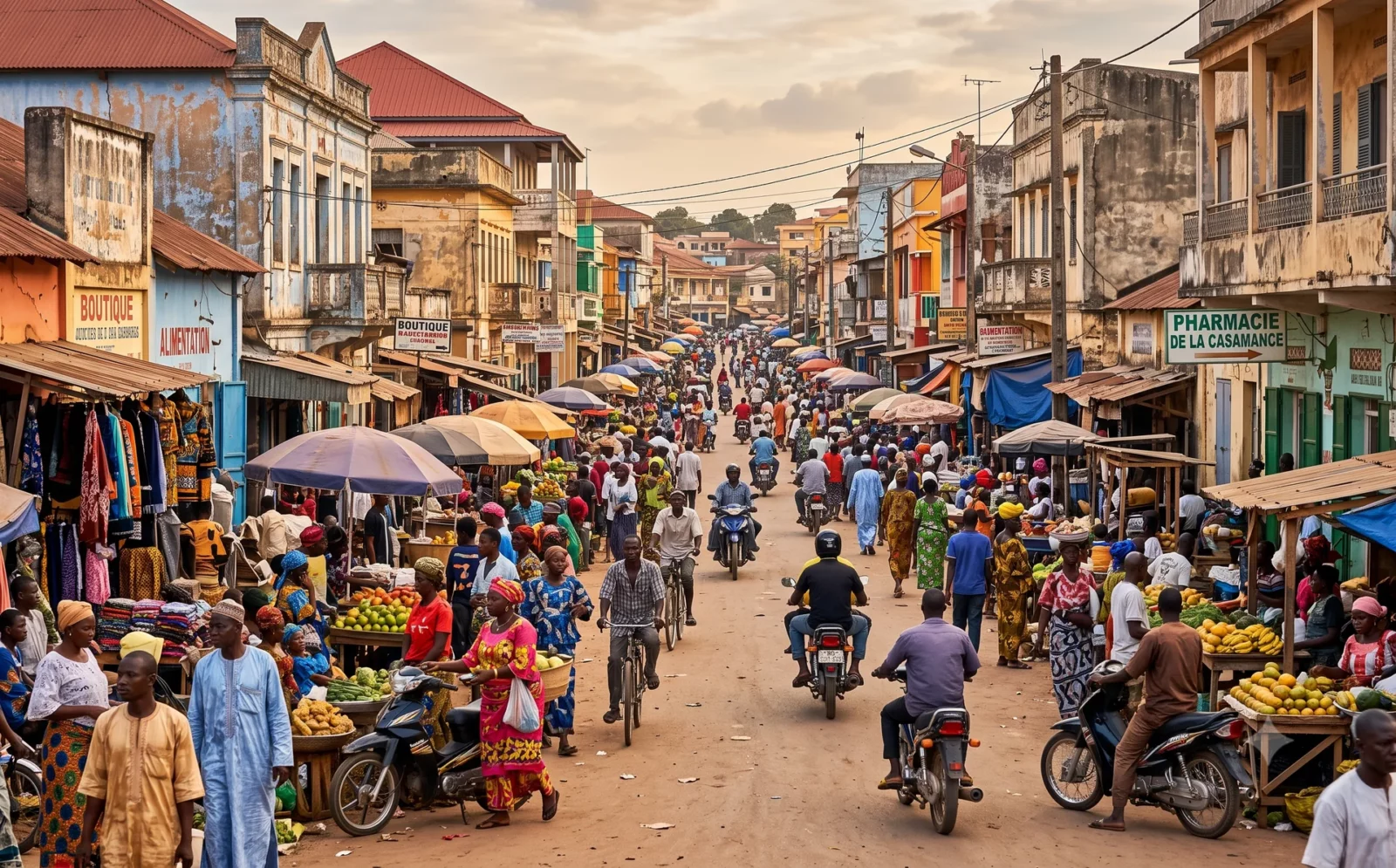 Levendige, rommelige straat met marktkraampjes en brommers in Ziguinchor, Casamance