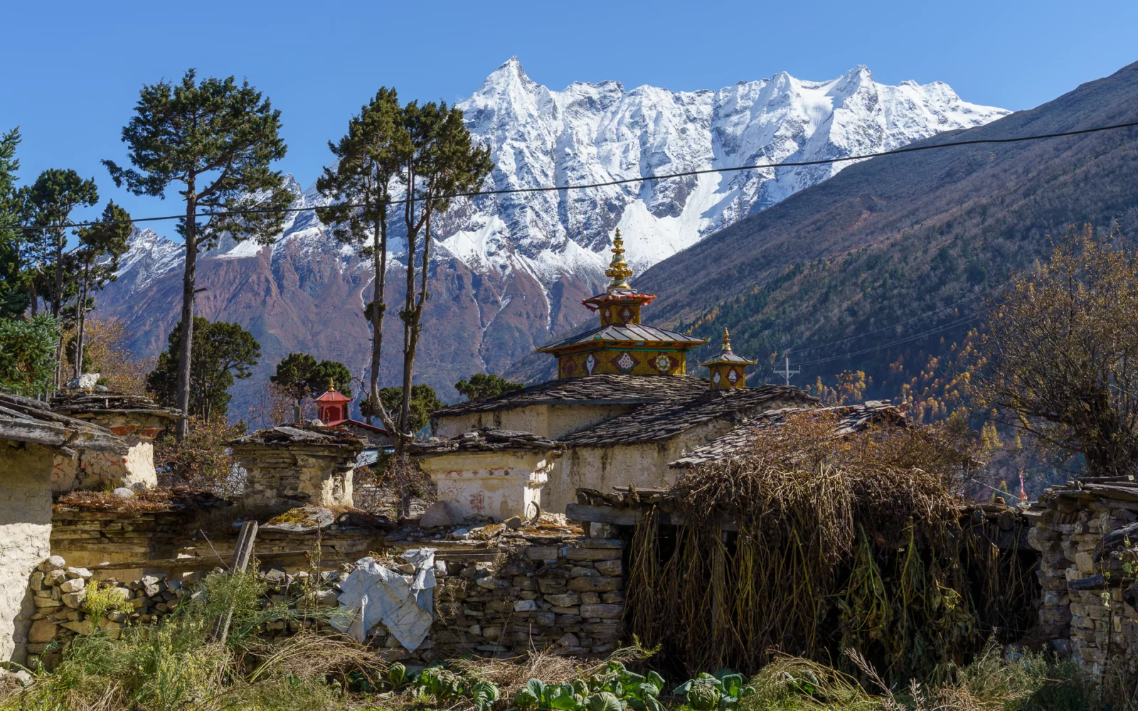 Stenen huizen en een kloosterdak in Samagaun, met de besneeuwde toppen van de Manaslu-regio erboven