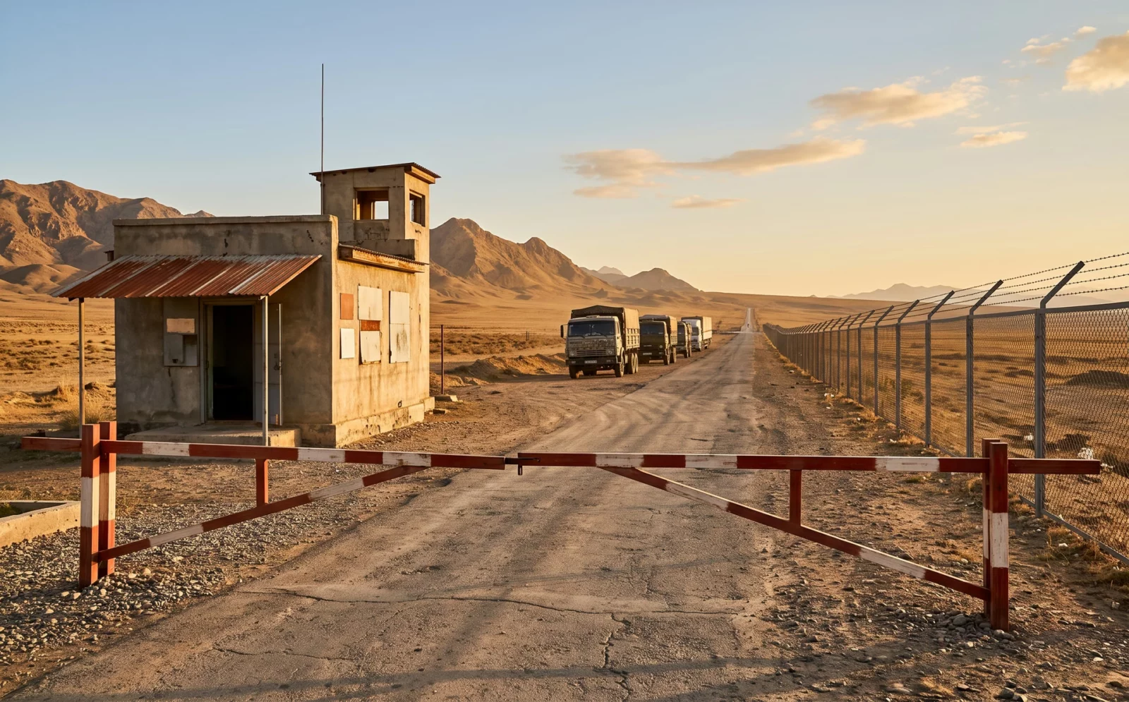 Slagboom en wachthuisje bij een grenspost in de woestijn van Turkmenistan, met wachtende vrachtwagens langs het hek