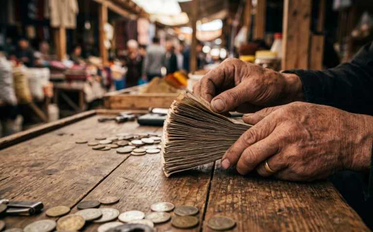 Twee handen tellen een dikke stapel bankbiljetten op een houten toonbank, met muntgeld ernaast, op een bazaar in Centraal-Azie