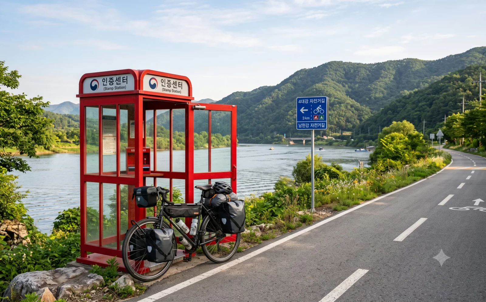 Rood stempelhokje langs een Koreaans rivierfietspad, met een beladen toerfiets ertegenaan en beboste heuvels aan de overkant.