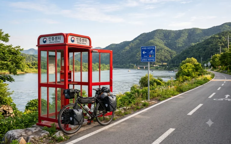 Rood stempelhokje langs een Koreaans rivierfietspad, met een beladen toerfiets ertegenaan en beboste heuvels aan de overkant.
