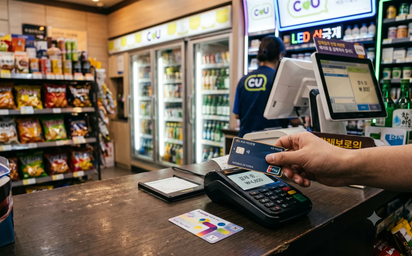 Hand die een bankpas tegen een betaalterminal houdt op de toonbank van een Koreaanse gemakswinkel, met verlichte schappen op de achtergrond.