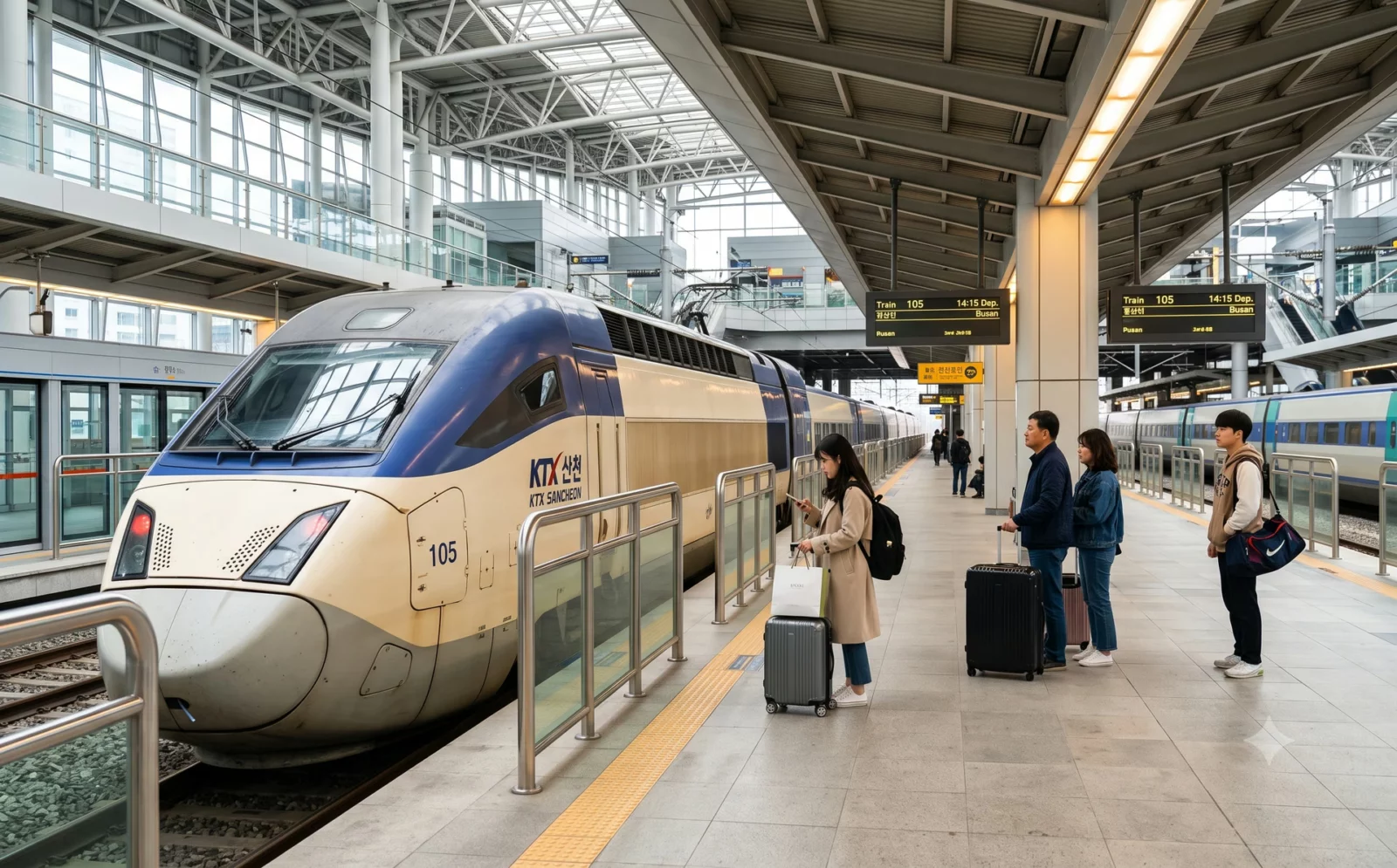 Perron van een Koreaans hogesnelheidsstation met de gestroomlijnde neus van de trein, glazen perronschermen en enkele reizigers met koffers.