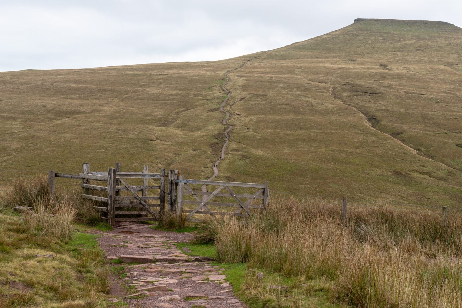 Wales, Bannau Brycheiniog – Geplaveid pad en hek aan het begin van de klim vanaf de A470