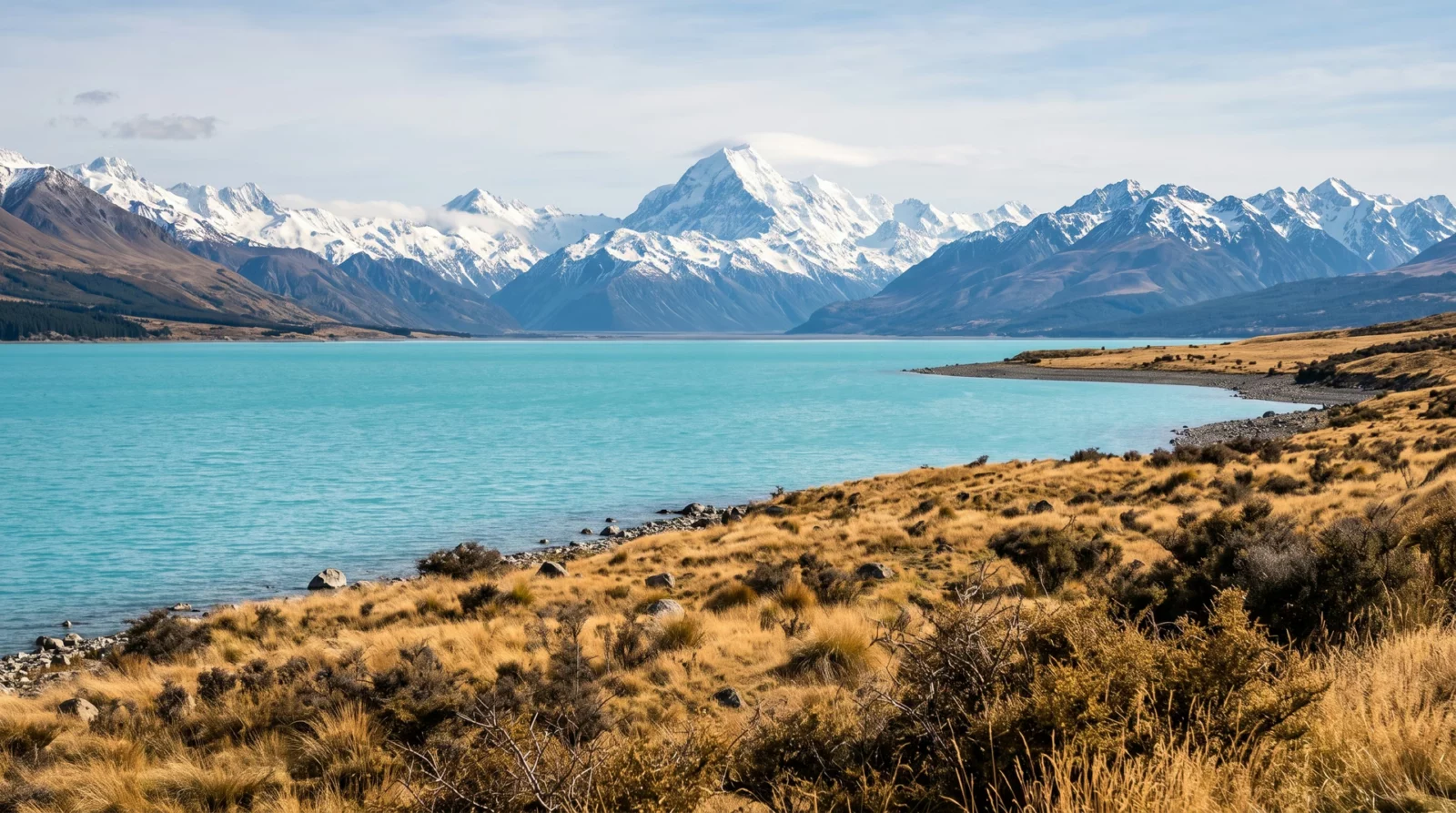 Turquoise Lake Pukaki in het Mackenzie Basin met droge tussockoevers en de besneeuwde top van Aoraki/Mount Cook aan het einde van het dal