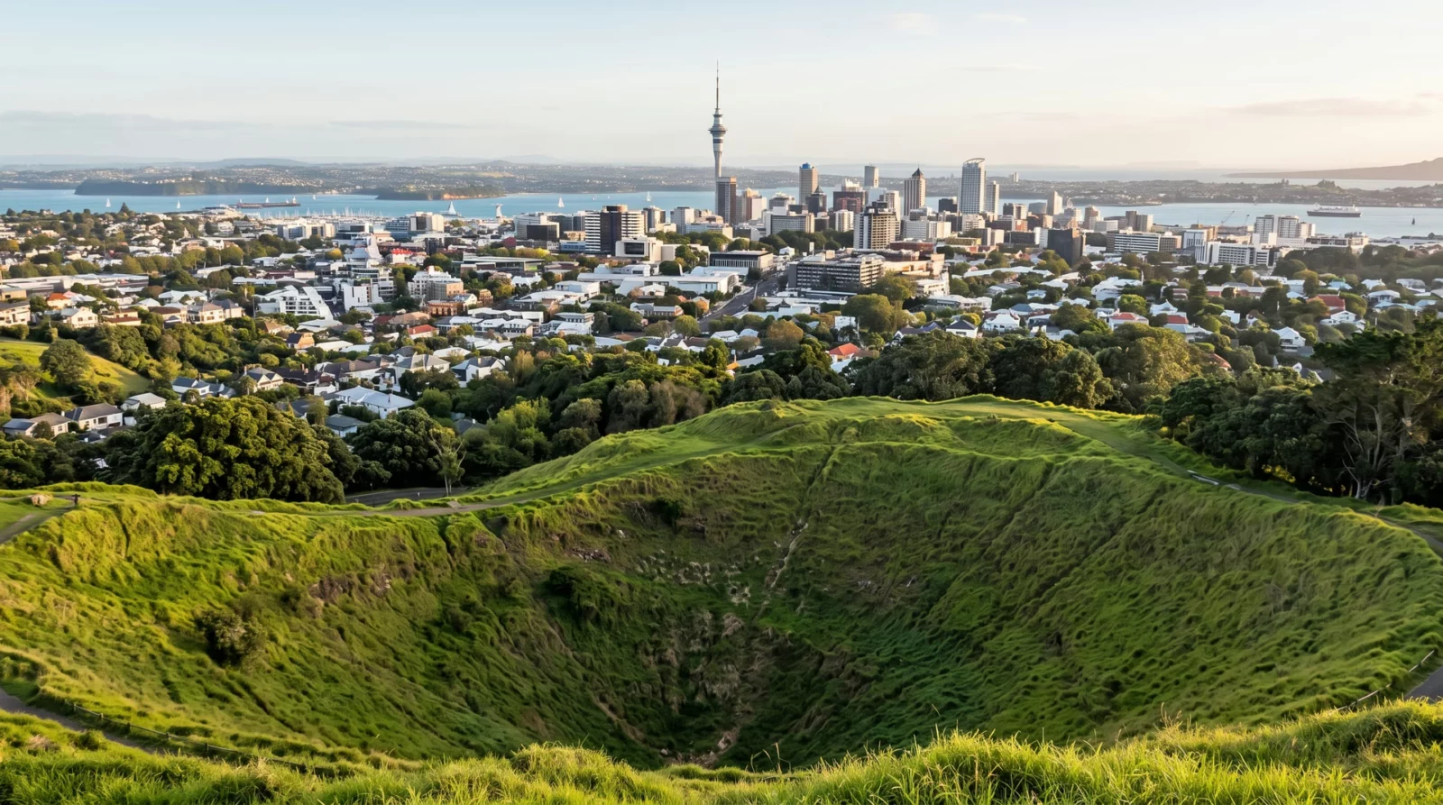 Uitgestrekte laagbouw van Auckland gezien vanaf de begroeide krater van Maungawhau/Mount Eden, met de torens van het centrum en water aan beide kanten