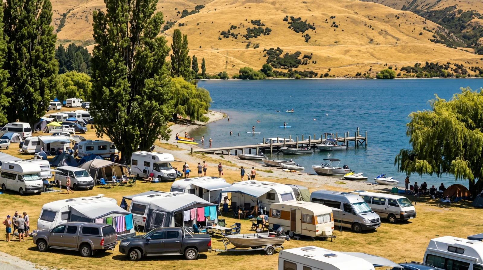 Campers, caravans en pick-uptrucks met boottrailers dicht op elkaar op een kampeerterrein aan een Nieuw-Zeelands meer in de hoogzomer