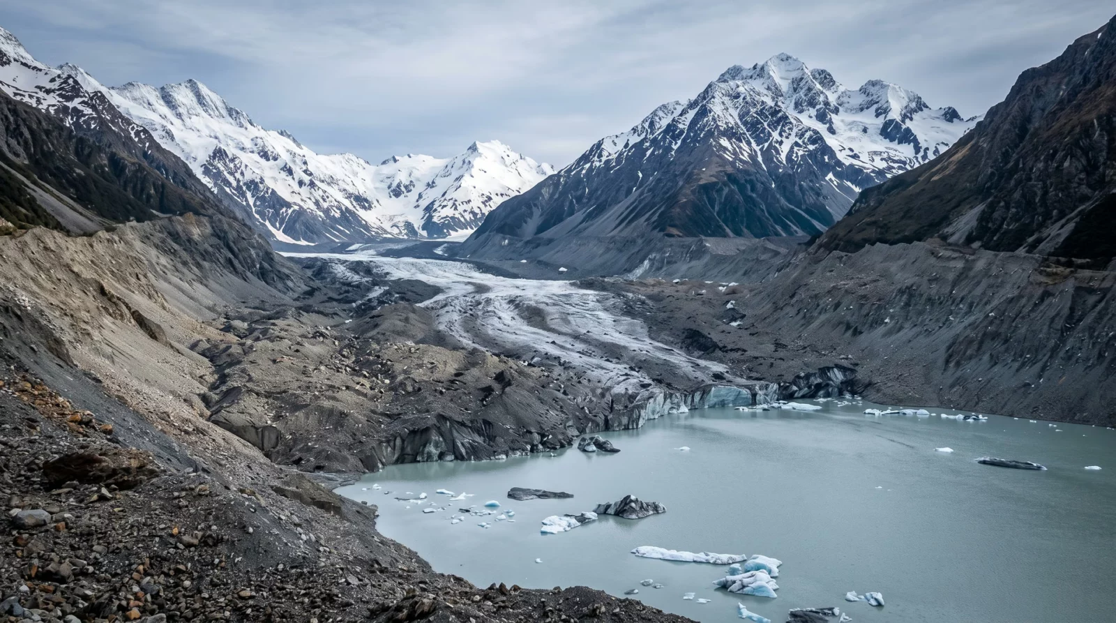 Grijze met steenpuin bedekte gletsjertong die eindigt in een troebel smeltwatermeer met ijsschotsen, tussen hoge morenewallen in de Zuidelijke Alpen