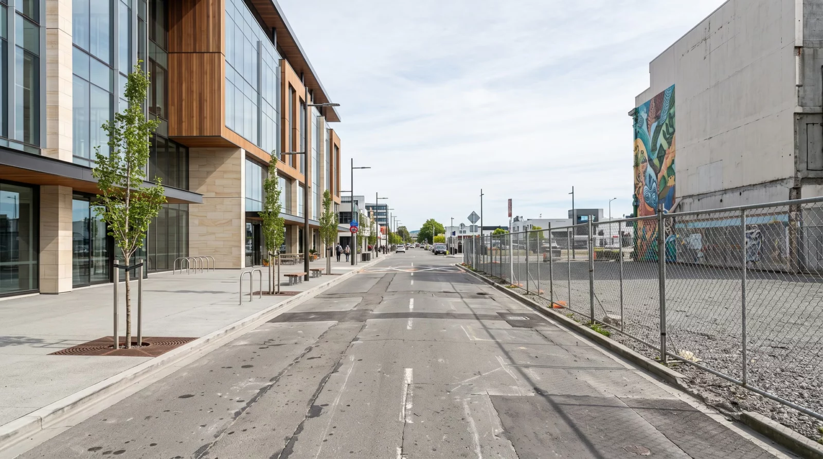 Straat in het centrum van Christchurch met links een nieuw kantoorgebouw en rechts een leeg braakliggend perceel achter een gaashek