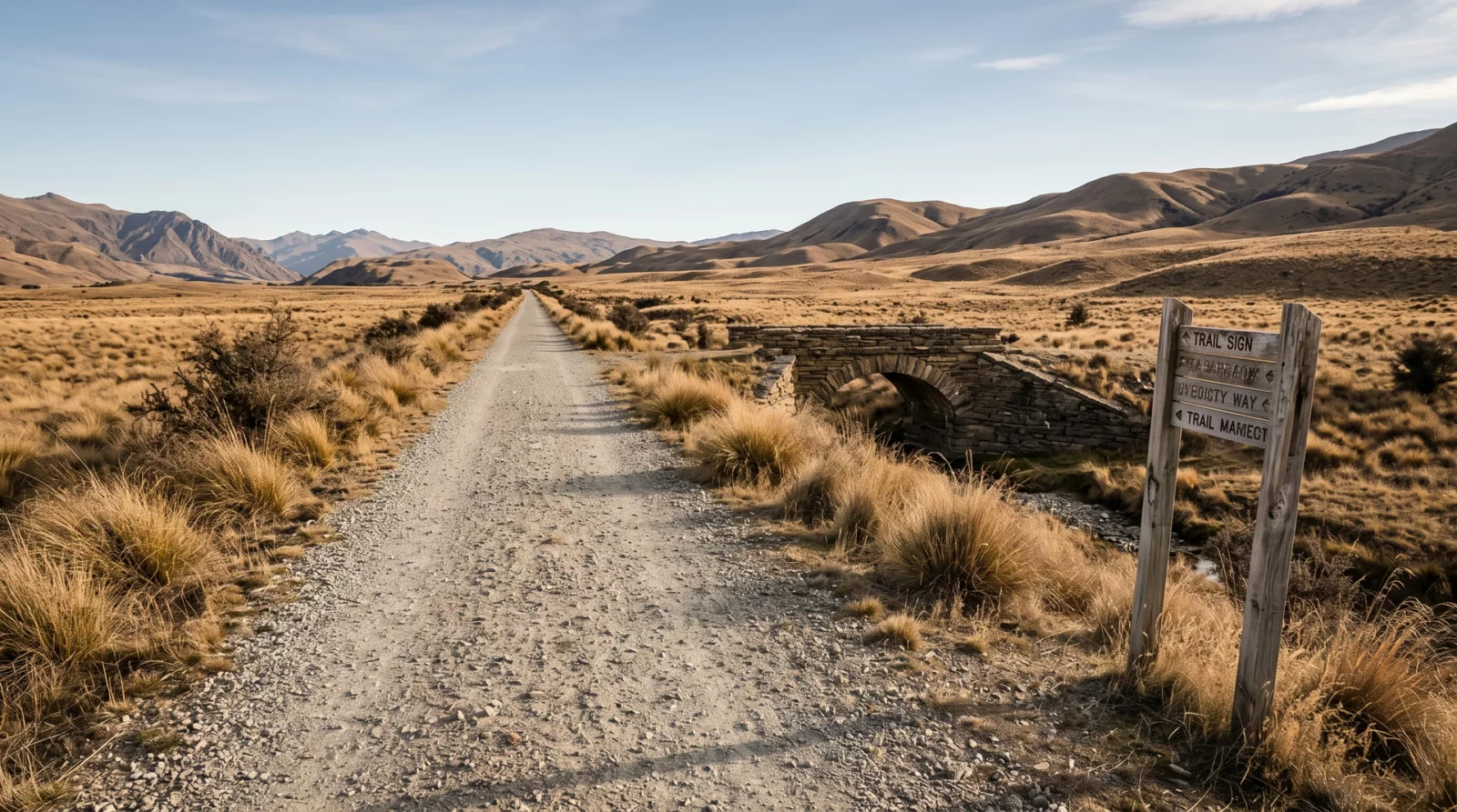 Onverhard grindfietspad op een oud spoorwegtalud dat kaarsrecht door bruin tussockgrasland in Central Otago loopt, met een gemetselde spoorbrug