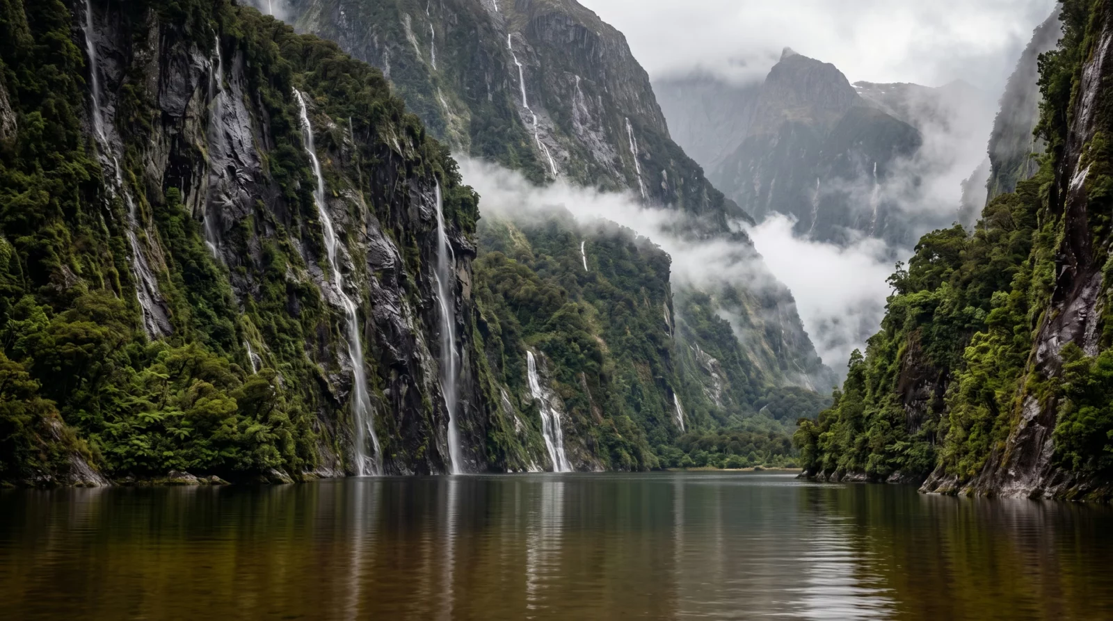 Bijna verticale bemoste rotswanden van een fjord in Fiordland met tientallen smalle watervallen en mist boven donker stil water