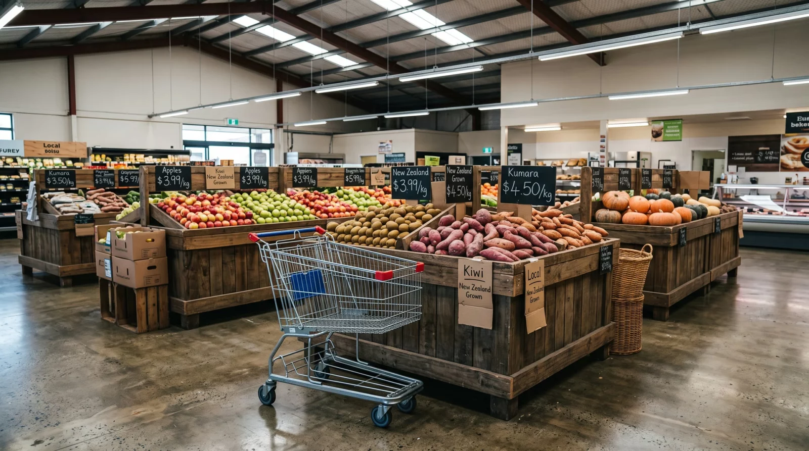 Schappen met appels, kiwis, kumara en pompoenen en prijsbordjes in dollars in een Nieuw-Zeelandse supermarkt
