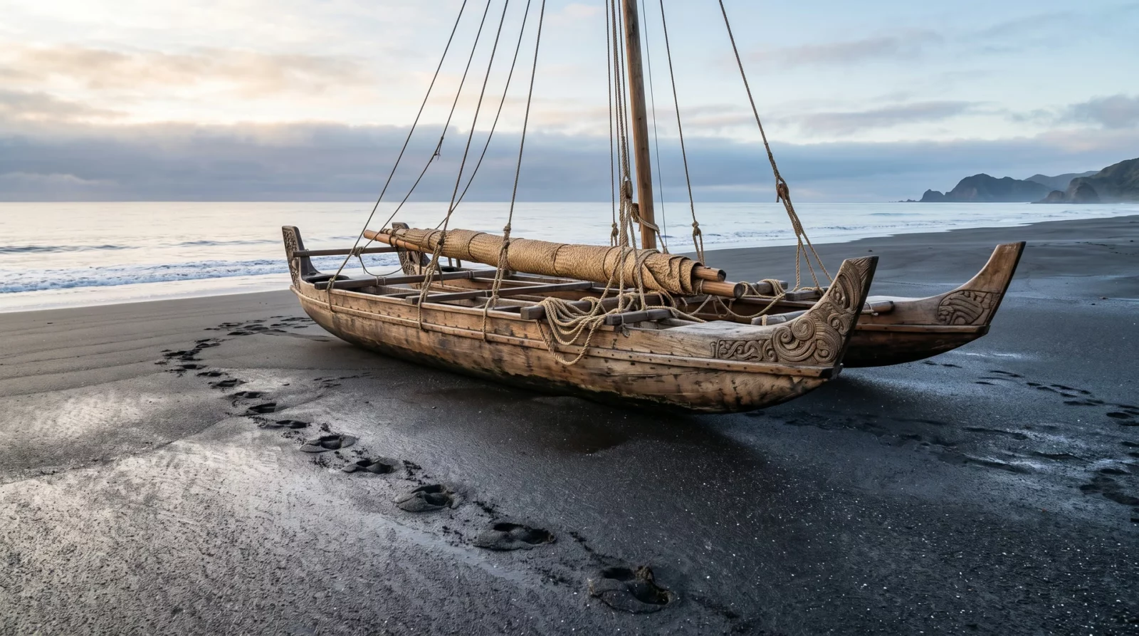 Grote houten dubbelrompkano, een waka hourua, op een breed zwartzandstrand met gekerfde boeg en opgerold mat-zeil
