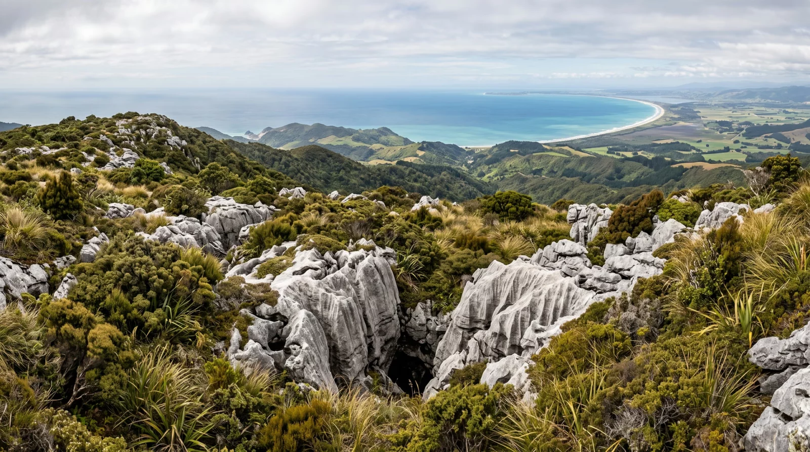 Grijswitte verkarste marmerrotsen op de Takaka Hill met in de diepte de blauwe boog van Golden Bay en een lange zandbank