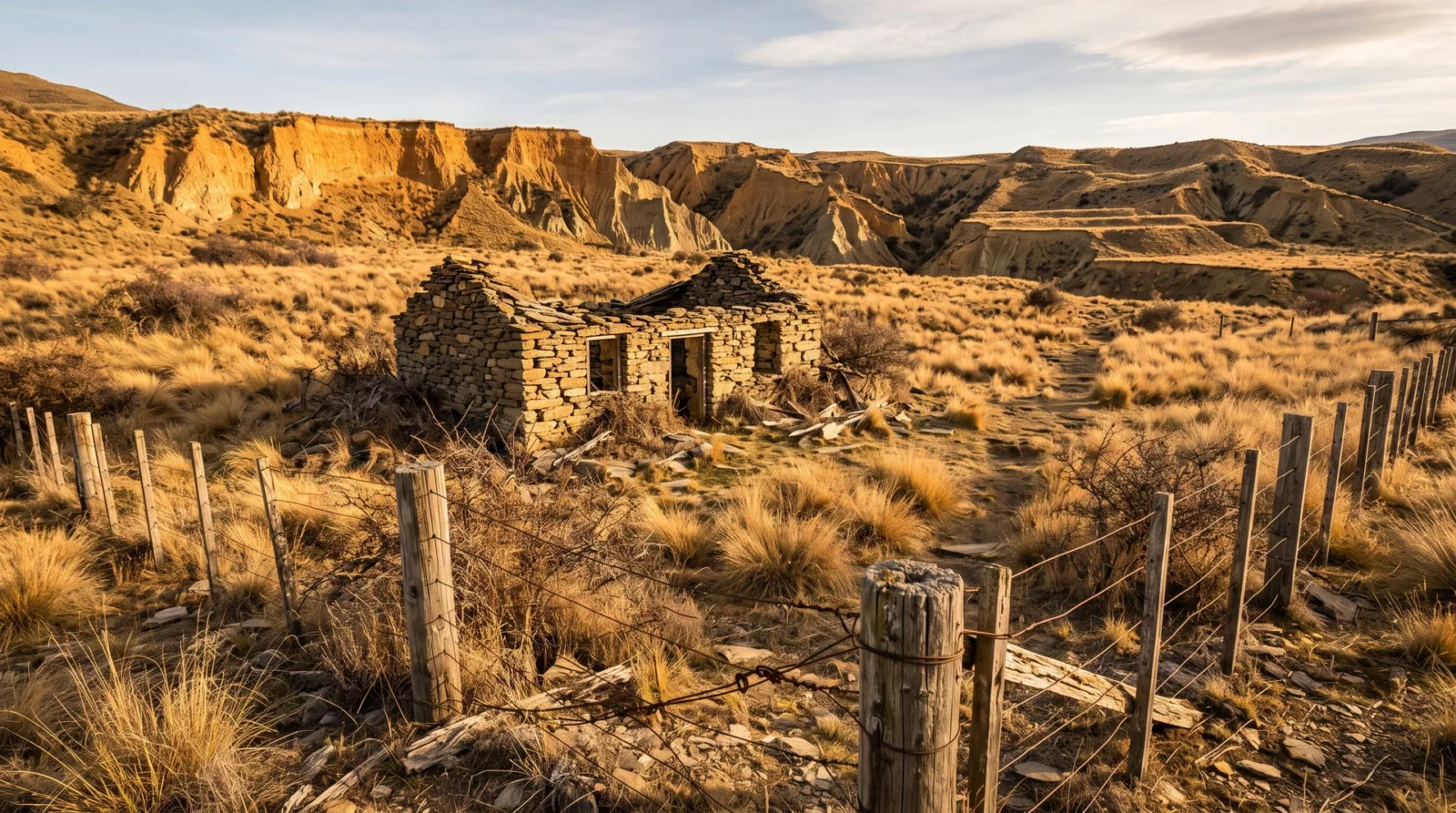 Ruine van een hut van veldkeien met ingestort dak in bruin tussockgrasland van Central Otago, met uitgespoelde oranjegele hellingen erachter