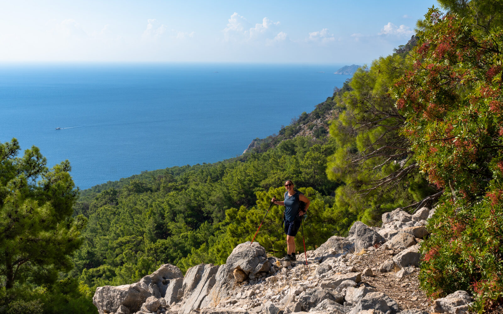 Wandelaar op een rotsig pad tussen dennen en bloeiende struiken hoog boven de Middellandse Zee, Lycian Way tussen Adrasan en Karaöz