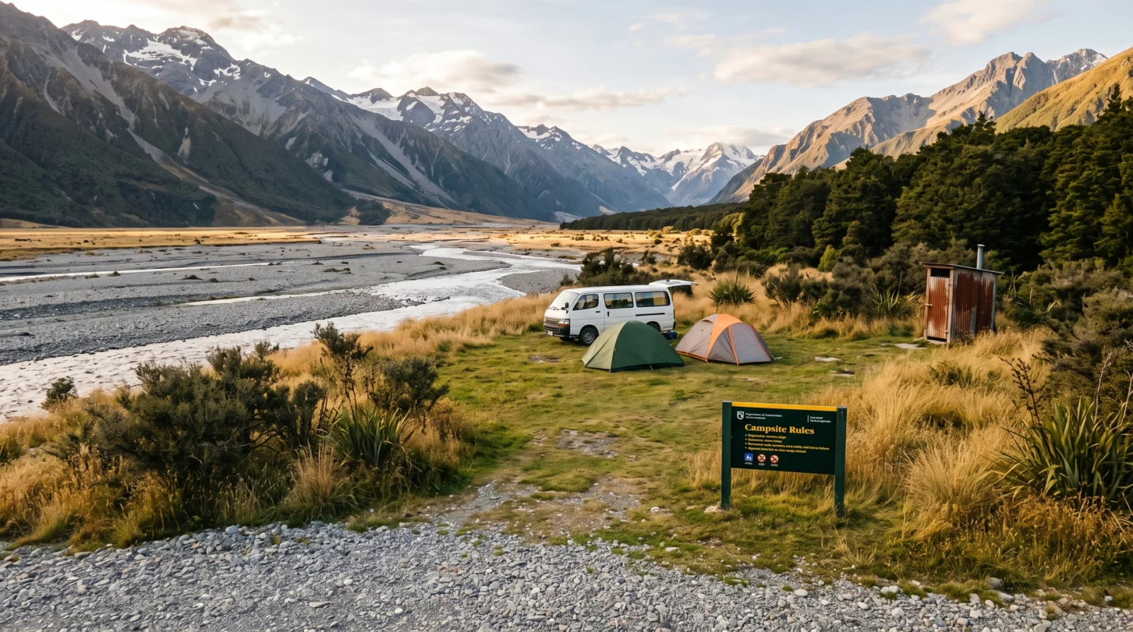 Witte camper en twee tenten op een grasveld aan een riviervlakte, met een informatiebord, een eenvoudig toilethuisje en besneeuwde bergen