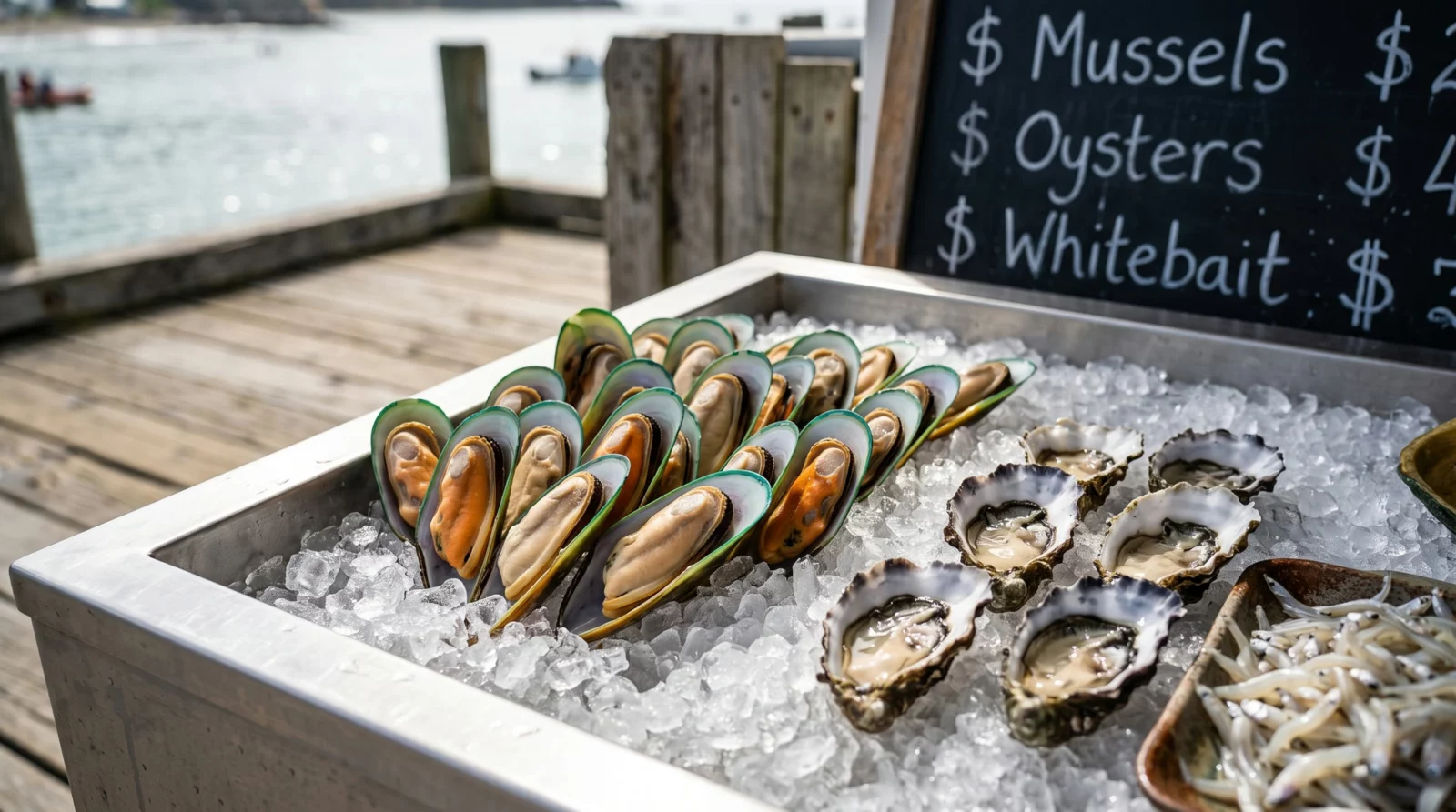 Open groenlipmosselen en oesters op gebroken ijs in roestvrijstalen bakken op een visstal aan de Nieuw-Zeelandse kust