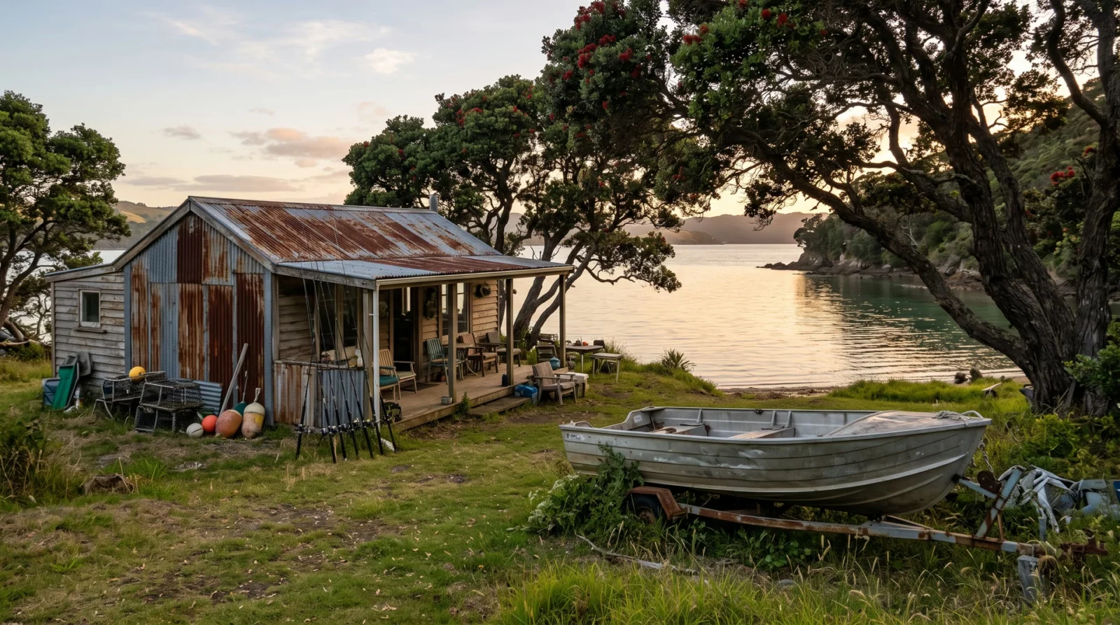 Eenvoudig vakantiehuisje van golfplaat met veranda aan een stille kustinham, met een aluminium motorboot op een trailer in het gras