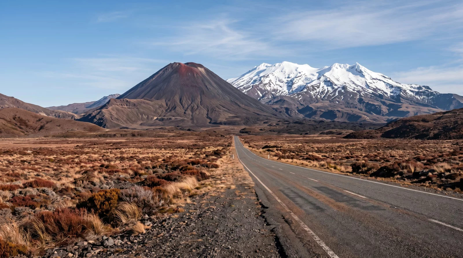 De kegel van Ngauruhoe en de besneeuwde massa van Ruapehu boven een kale hoogvlakte van roodbruine tussock, met een rechte weg erdoorheen