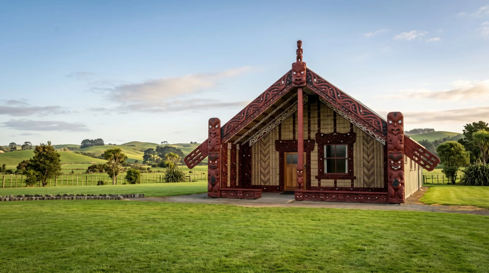 Maori ontmoetingshuis op een marae met rood, zwart en wit beschilderde gevelbalken, houtsnijwerk en geweven panelen, met groene heuvels erachter