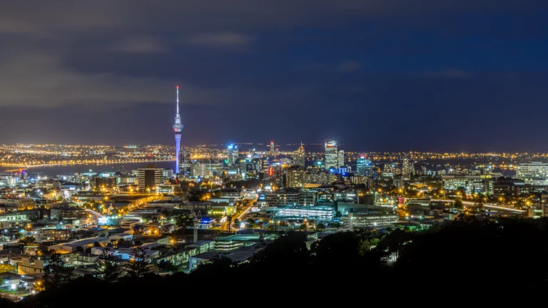 Auckland met de Sky Tower bij nacht vanaf Mount Eden