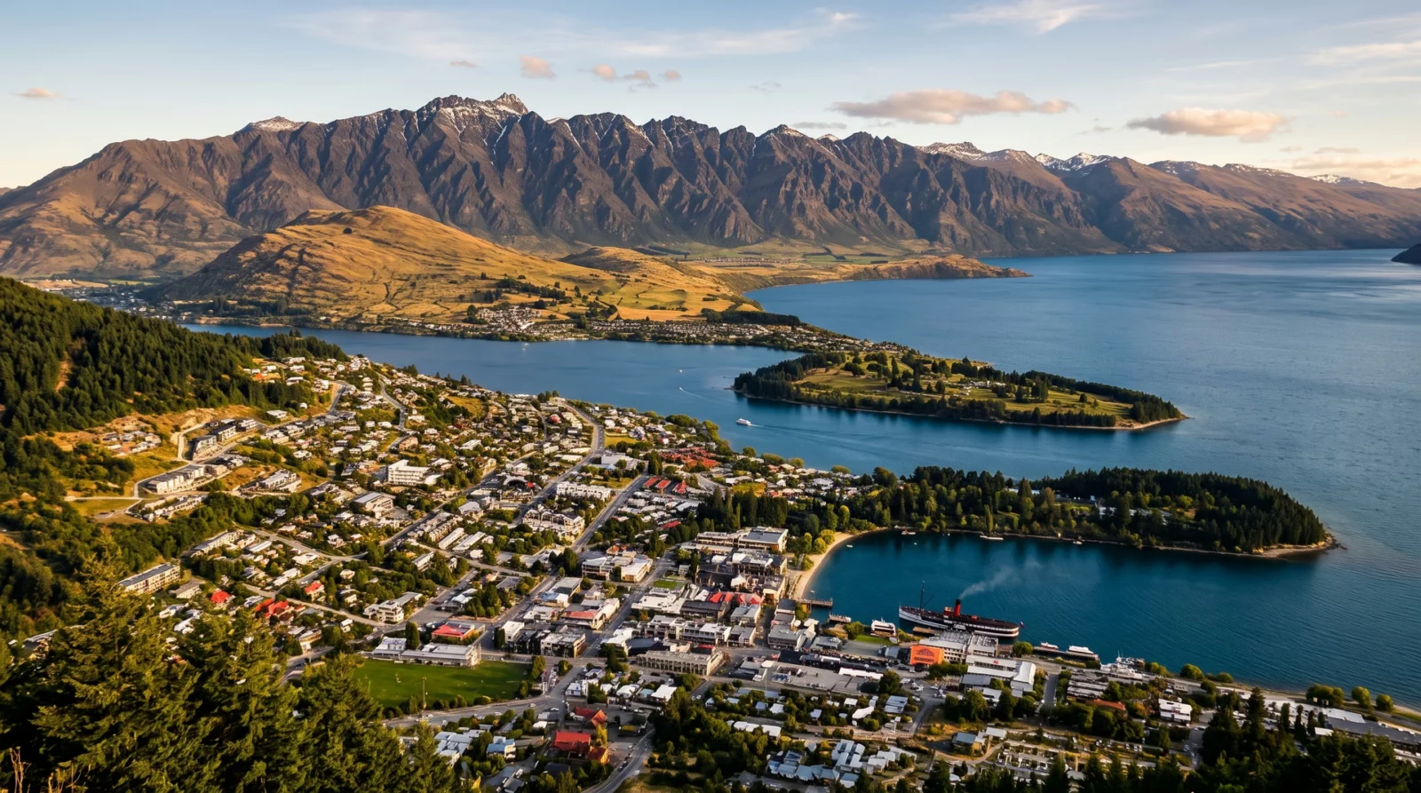 Queenstown op een landtong aan het diepblauwe Lake Wakatipu, met kale gele heuvels en de zaagtandrand van de Remarkables op de achtergrond