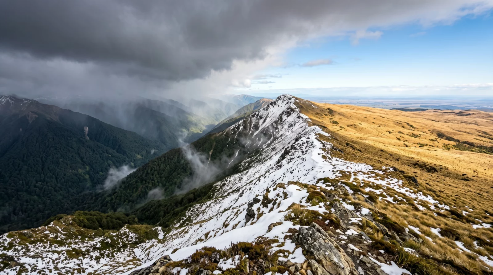 Vanaf een bergpas: links regenwolken boven groen regenwoud, rechts zonlicht op droog bruin tussockgrasland, met de besneeuwde hoofdkam ertussen