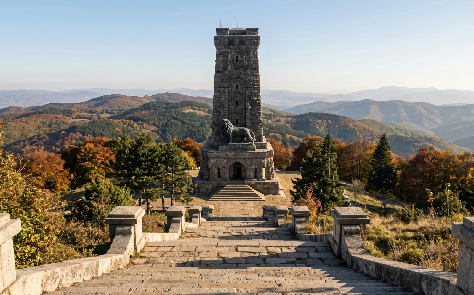 Het vrijheidsmonument op de Shipkapas in het Balkangebergte, met de stenen trap ernaartoe en herfstbossen rondom