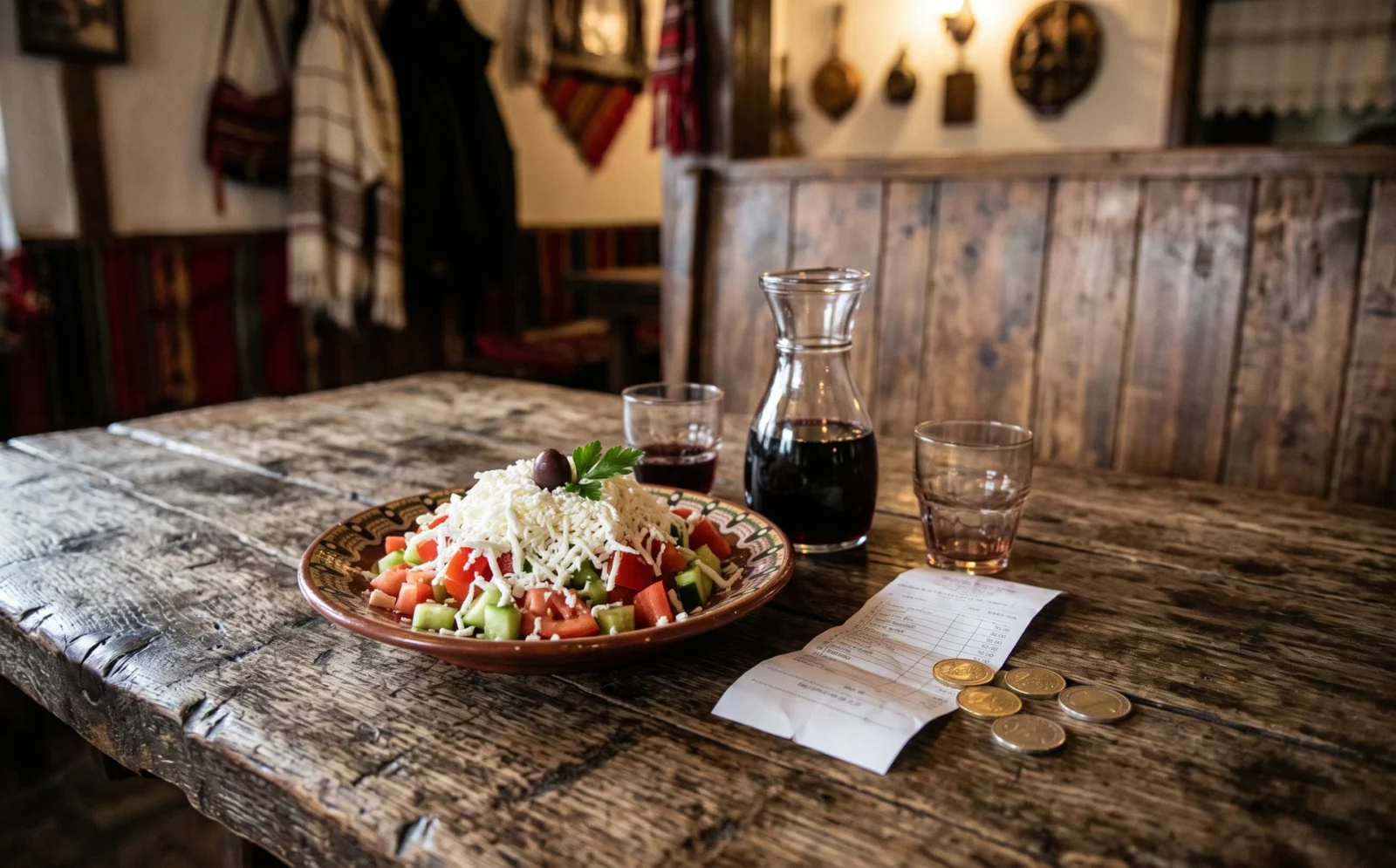 Shopska salata met geraspte witte kaas, een karaf rode wijn, een bonnetje en euromunten op een houten tafel in een mehana