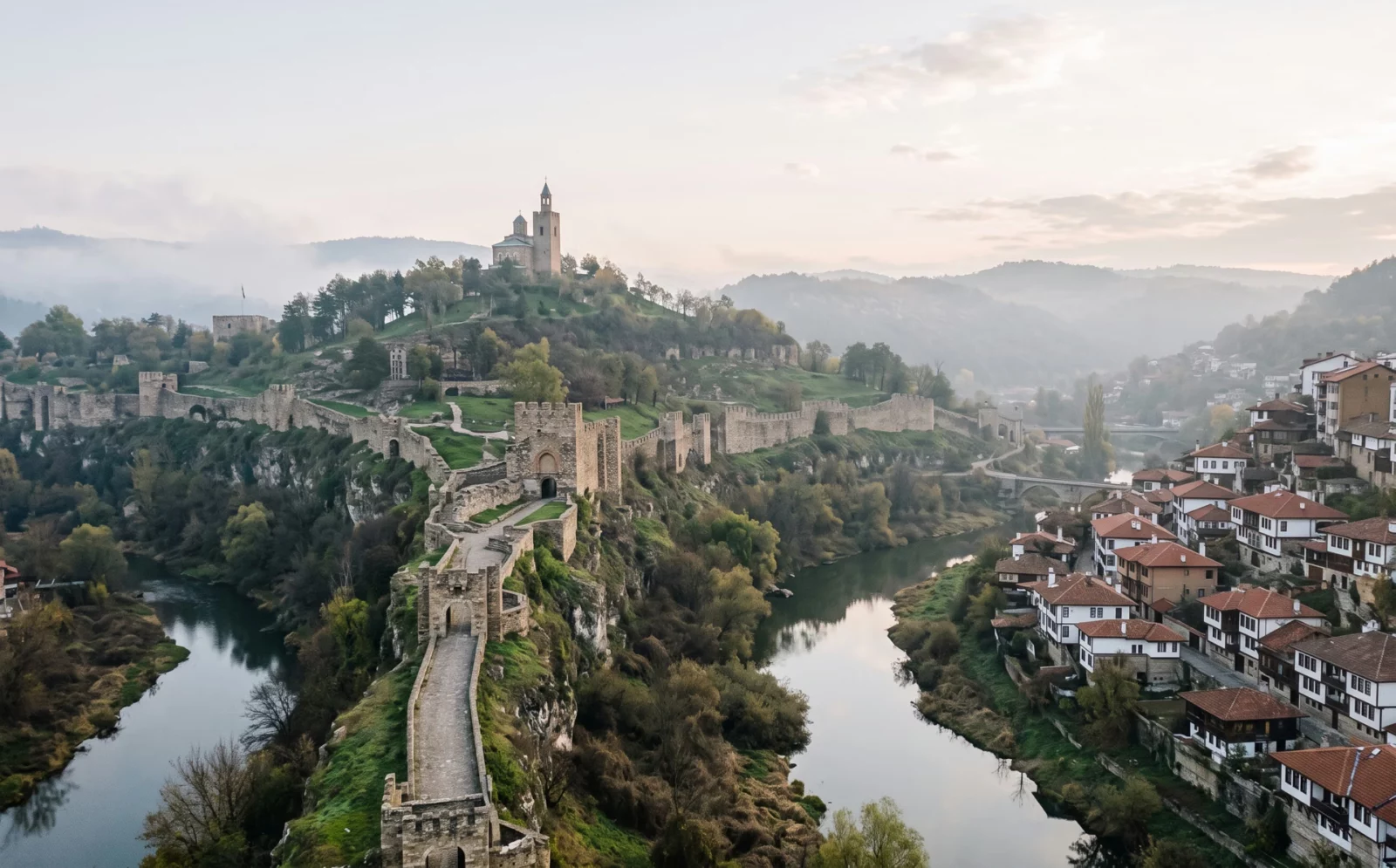De Tsarevets-heuvel bij Veliko Tarnovo met middeleeuwse vestingmuren en een kerk op de top, met de rivier de Yantra eromheen