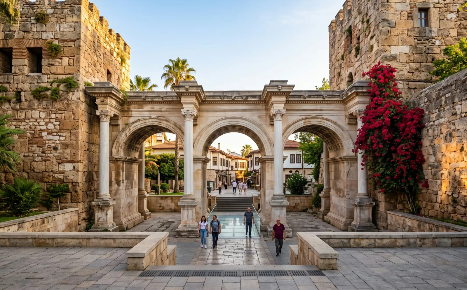 De Hadrianuspoort in Antalya, drie Romeinse marmeren bogen met torens aan weerszijden en bougainville tegen de muur