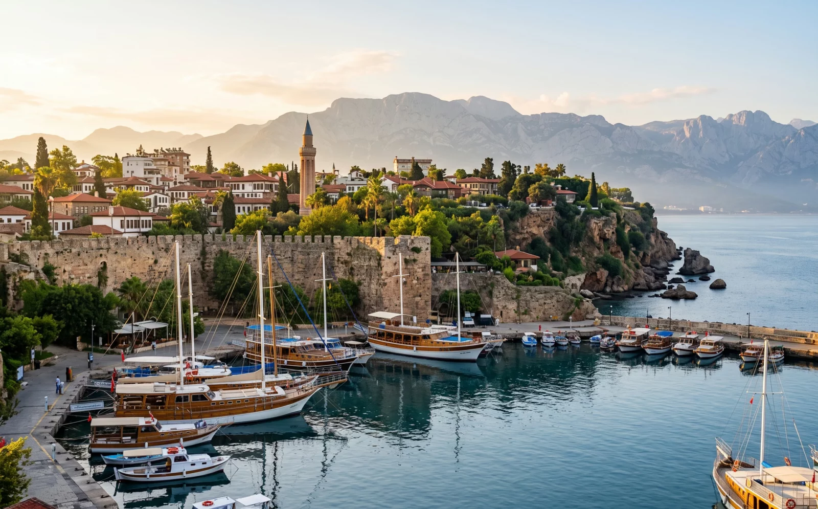 De oude haven van Kaleiçi in Antalya met rondvaartboten onder de stadsmuur, kalkkliffen en het Taurusgebergte erachter