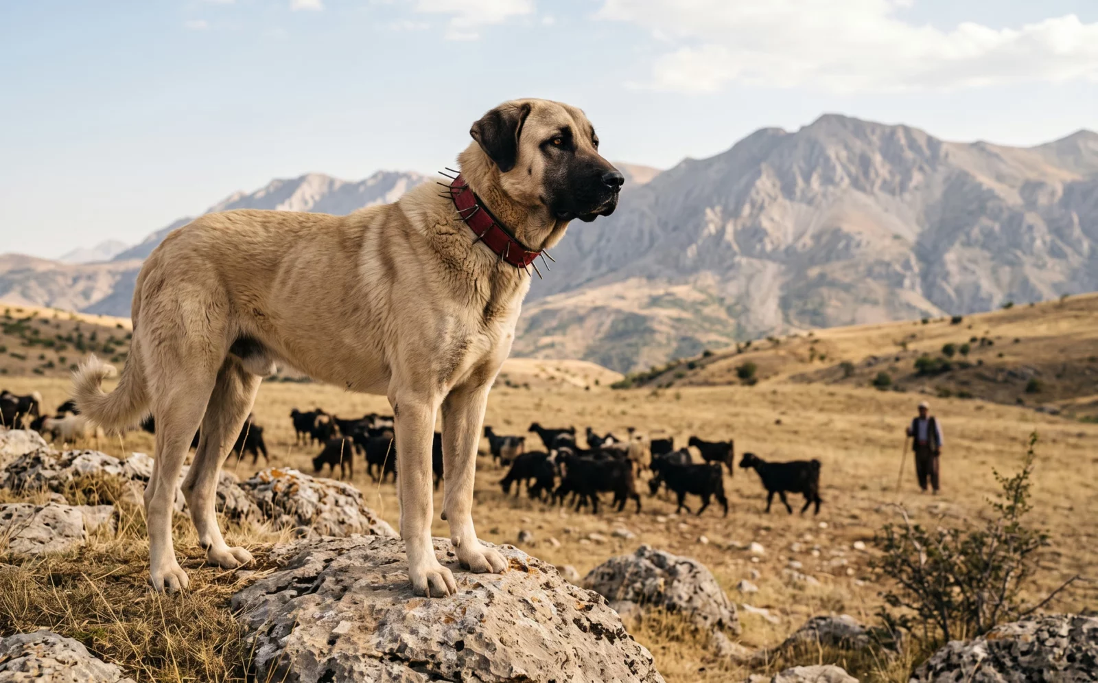 Kangal-herdershond met zwart masker op een rots boven een kudde zwarte geiten op een zomerweide