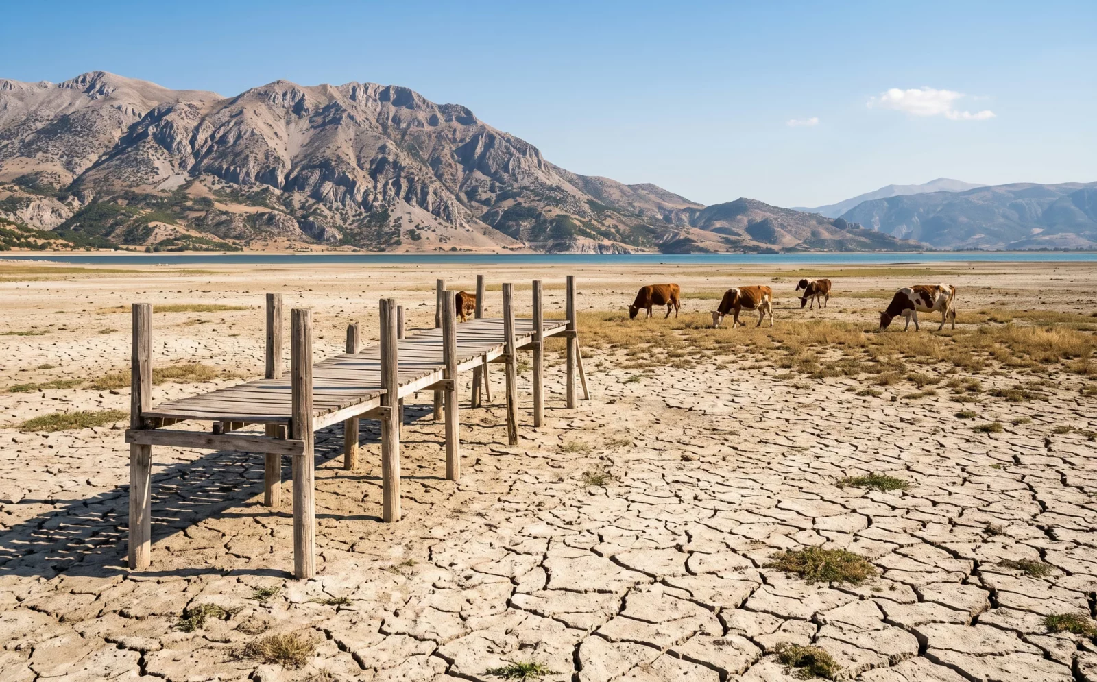 Drooggevallen oever van het Eğirdirmeer met gebarsten bodem, een steiger op het droge en grazende koeien