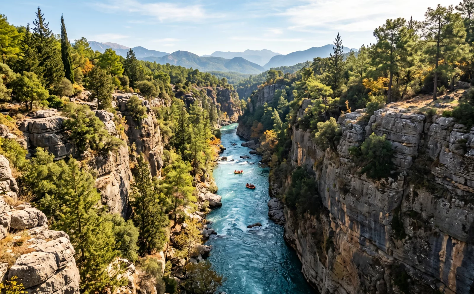 De turquoise Köprüçay tussen steile kalksteenwanden in Köprülü Kanyon, met rafts op het water en dennen op de hellingen