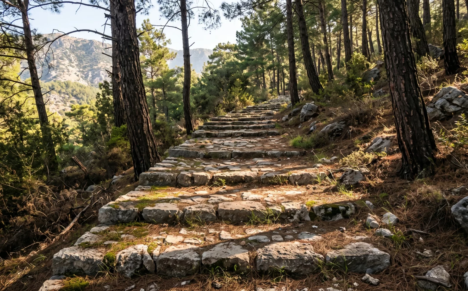 Oud geplaveid trappad van kalksteenblokken, een kaldırım, door een dennenbos in het Taurusgebergte