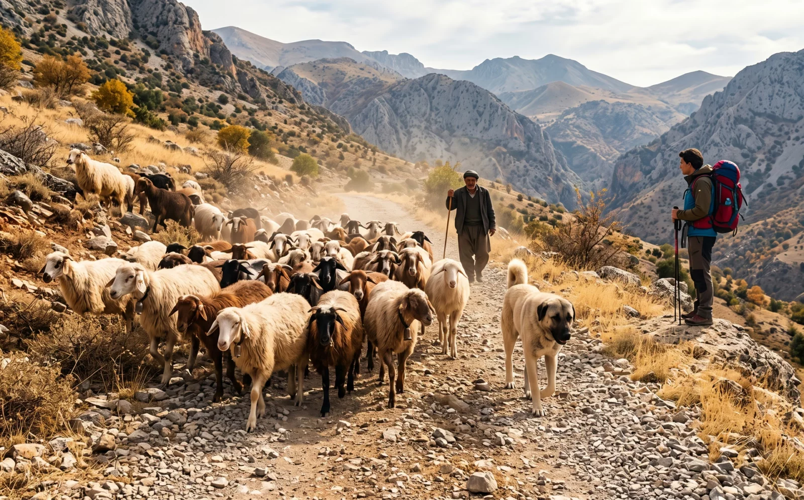 Kudde schapen en geiten met herdershond en herder op een bergpad, een wandelaar wacht aan de kant
