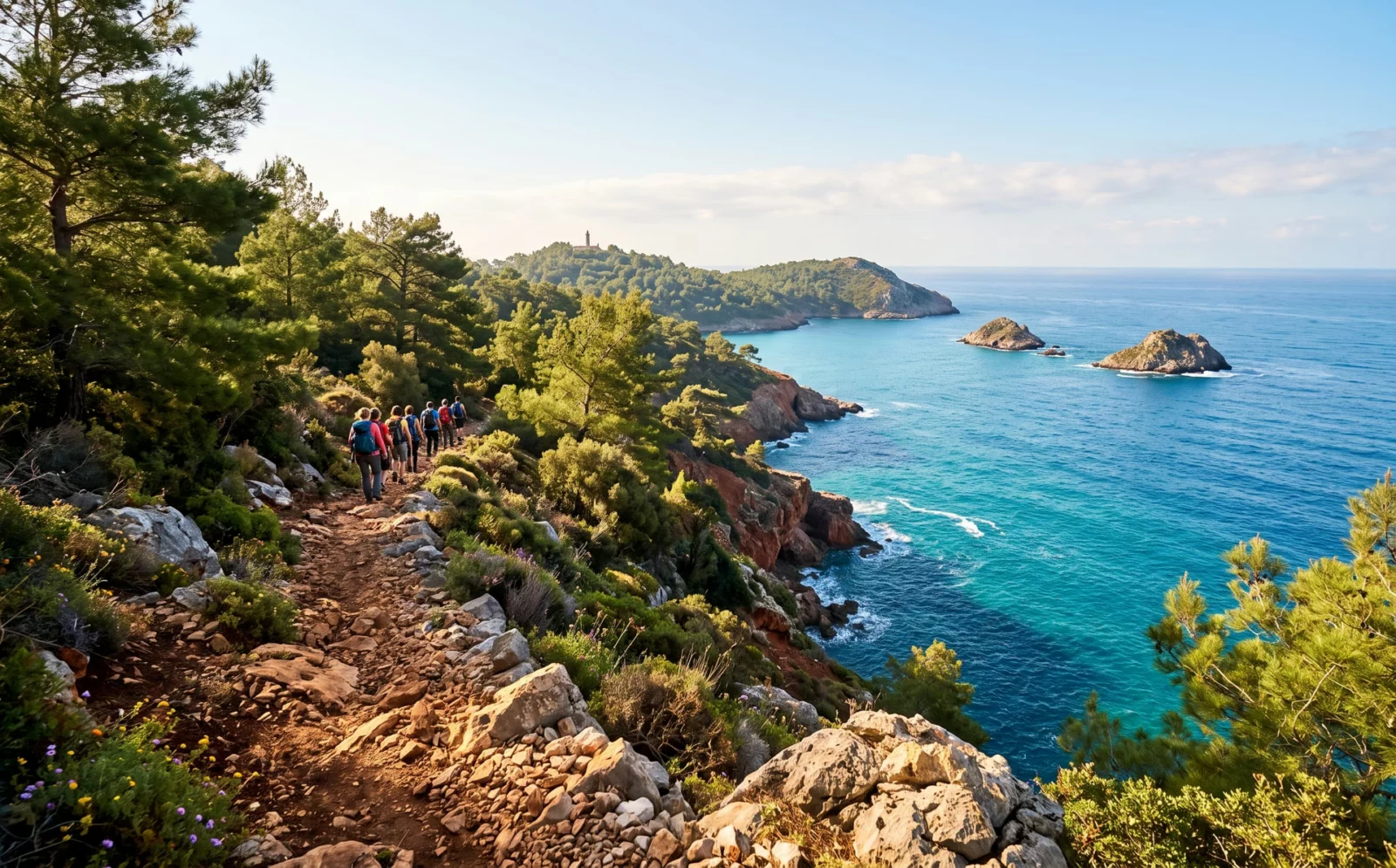 Wandelpad van de Lycian Way hoog boven zee bij Kaap Gelidonya met kliffen, eilandjes en een rij wandelaars