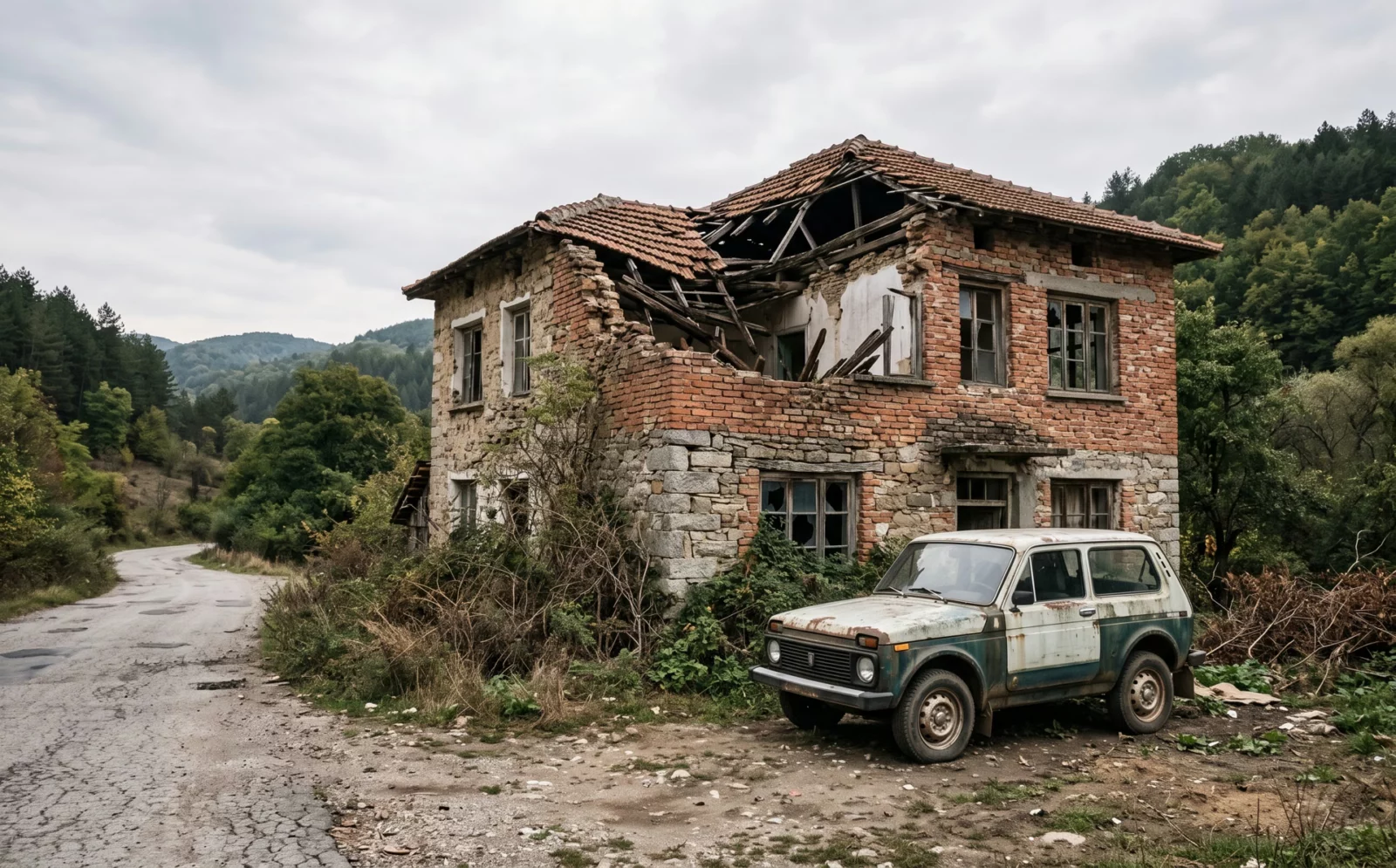 Half ingestort huis van steen en baksteen langs een bergweg, met een oude Lada Niva ervoor en beboste heuvels erachter