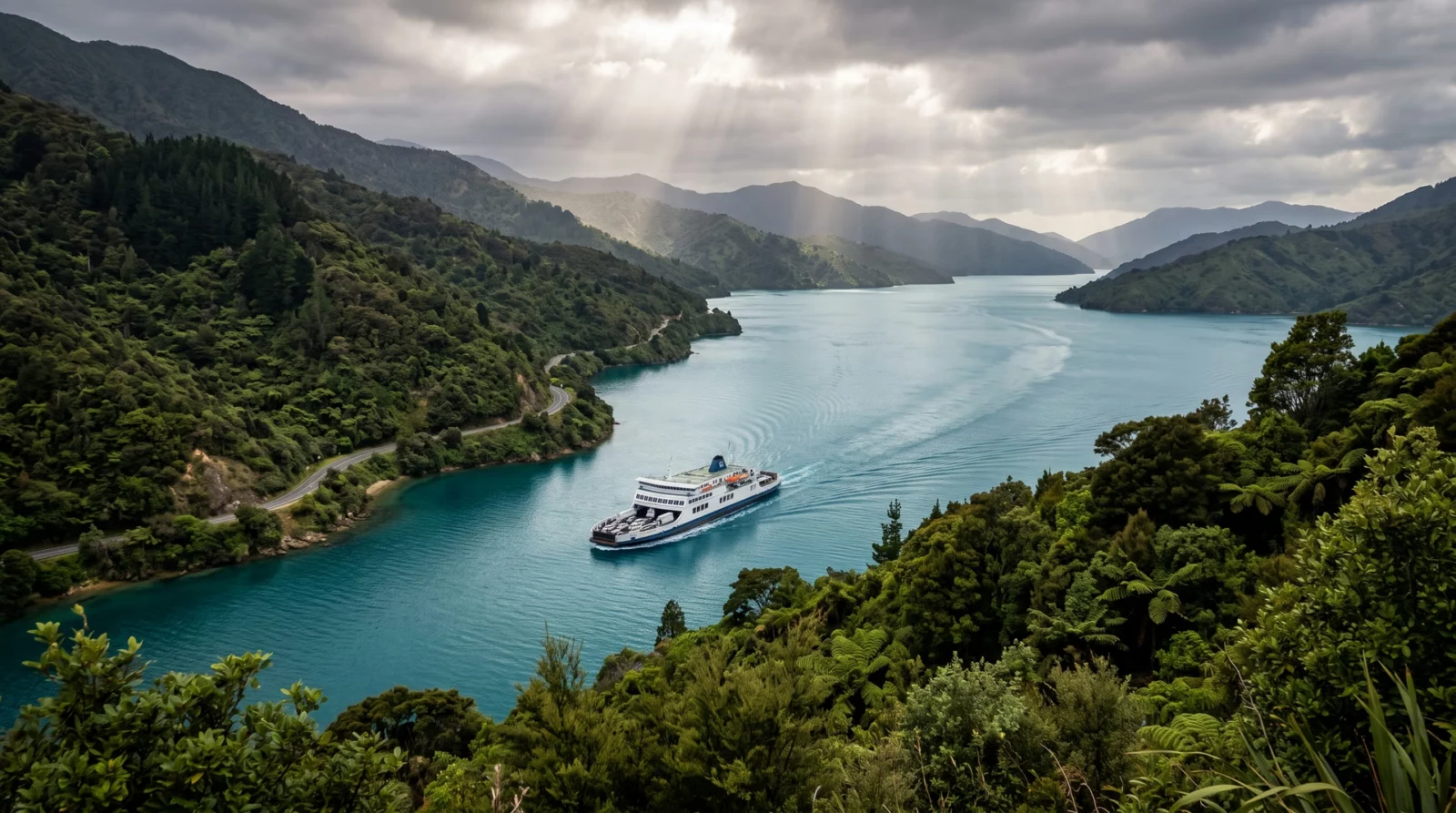 Autoveerboot die door de nauwe, groen beboste zeearm van Queen Charlotte Sound bij Picton vaart, met steile heuvels tot aan het water